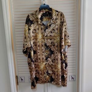 Mens Black and Gold Baroque Short-Sleeve Button Down Shirt
